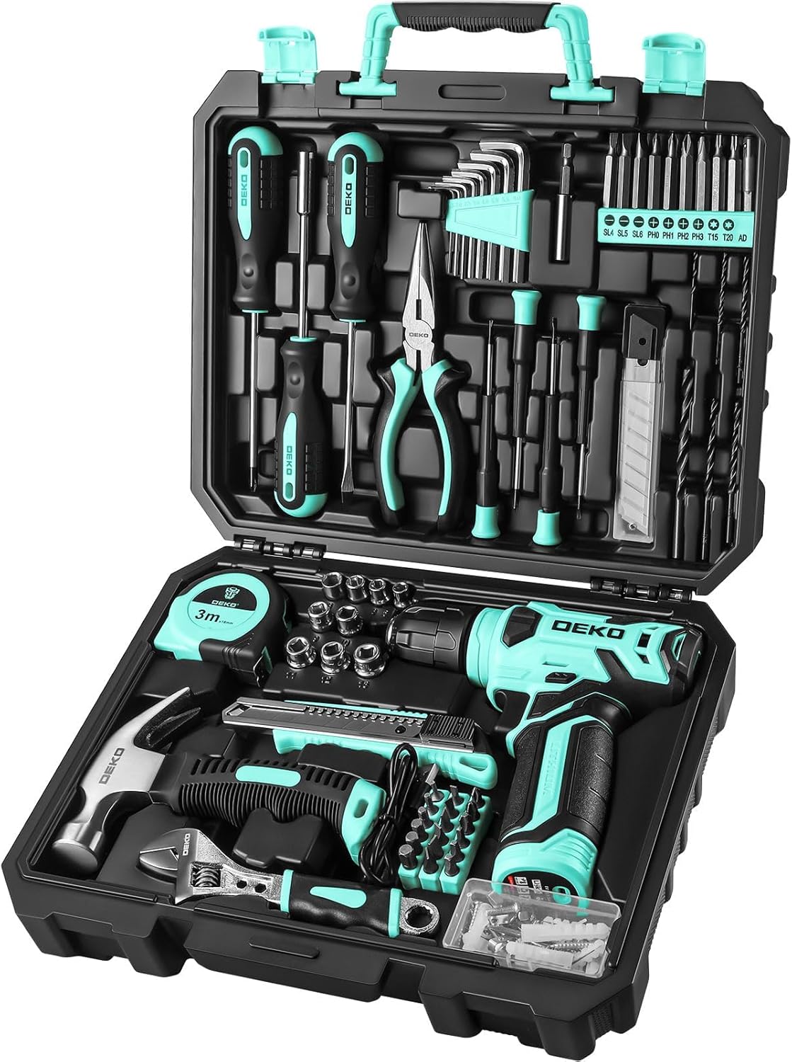 DEKO Juego Completo de Herramientas con Destornillador Eléctrico/Taladro de 8V, Maletín Profesional de 126 Piezas, Set Premium de Herramientas para Bricolaje en Hogar, Oficina y Jardín, Gris