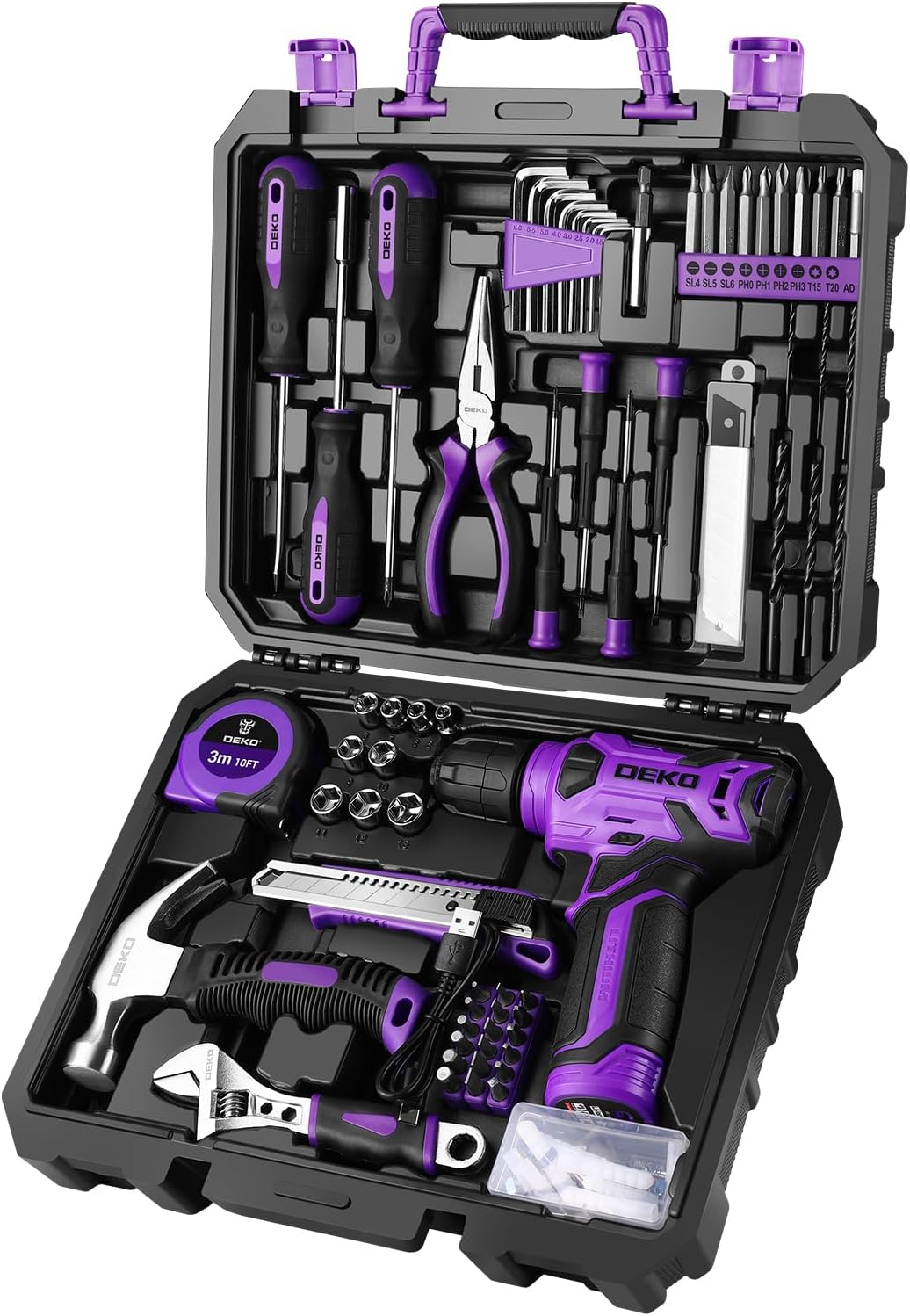 DEKO Juego Completo de Herramientas con Destornillador Eléctrico/Taladro de 8V, Maletín Profesional de 126 Piezas, Set Premium de Herramientas para Bricolaje en Hogar, Oficina y Jardín, Gris