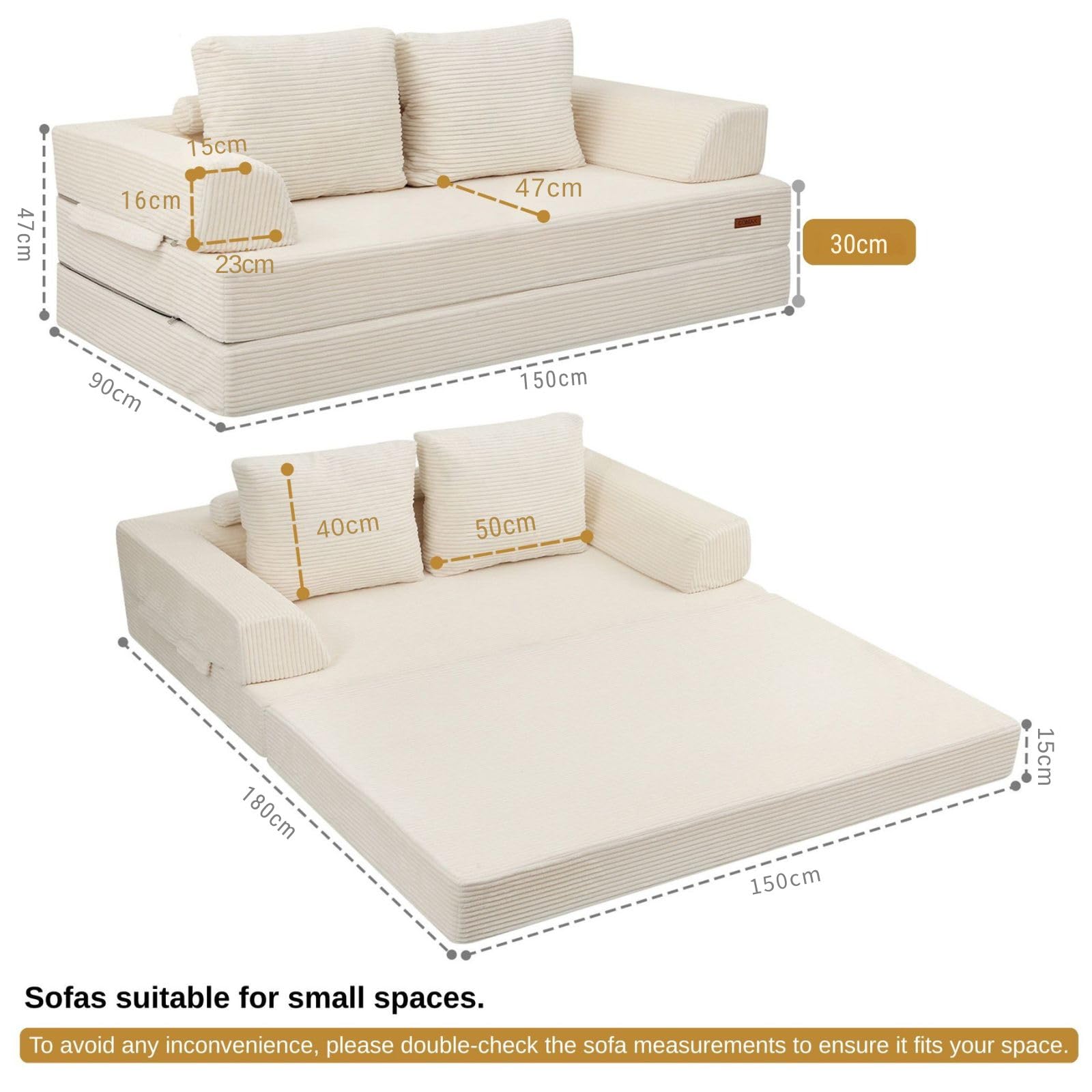 MeMoreCool Sofá-cama conversível, sofá dobrável de veludo con almofadas, sofá sem ossos, confortável sofá de dois lugares para sala de estar e quarto, cor bege