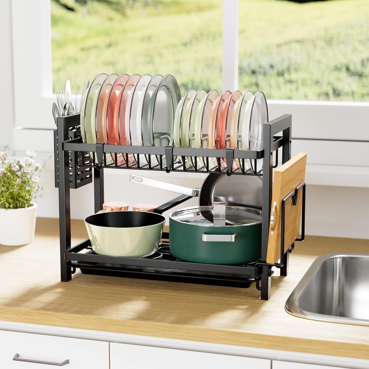 Escurridor de Platos – Organizador Grande con Bandeja de Goteo y Soporte para Cubiertos