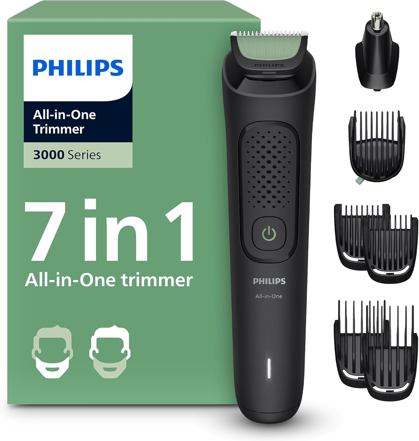 Philips Recortadora Todo en Uno Serie 3000, Kit 7 en 1, Afeitadora y Cortapelos para Hombre, para Rostro y Cabello, Barba, Cuchillas Autoafilables Suaves con la Piel, 10 Longitudes, Modelo MG3930/15