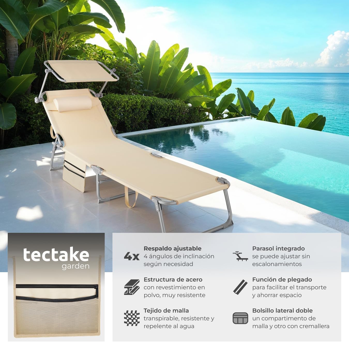Tumbona Plegable de Jardín de Acero – Reclinable 6 Posiciones con Parasol, Reposacabezas y Bolsillo Lateral