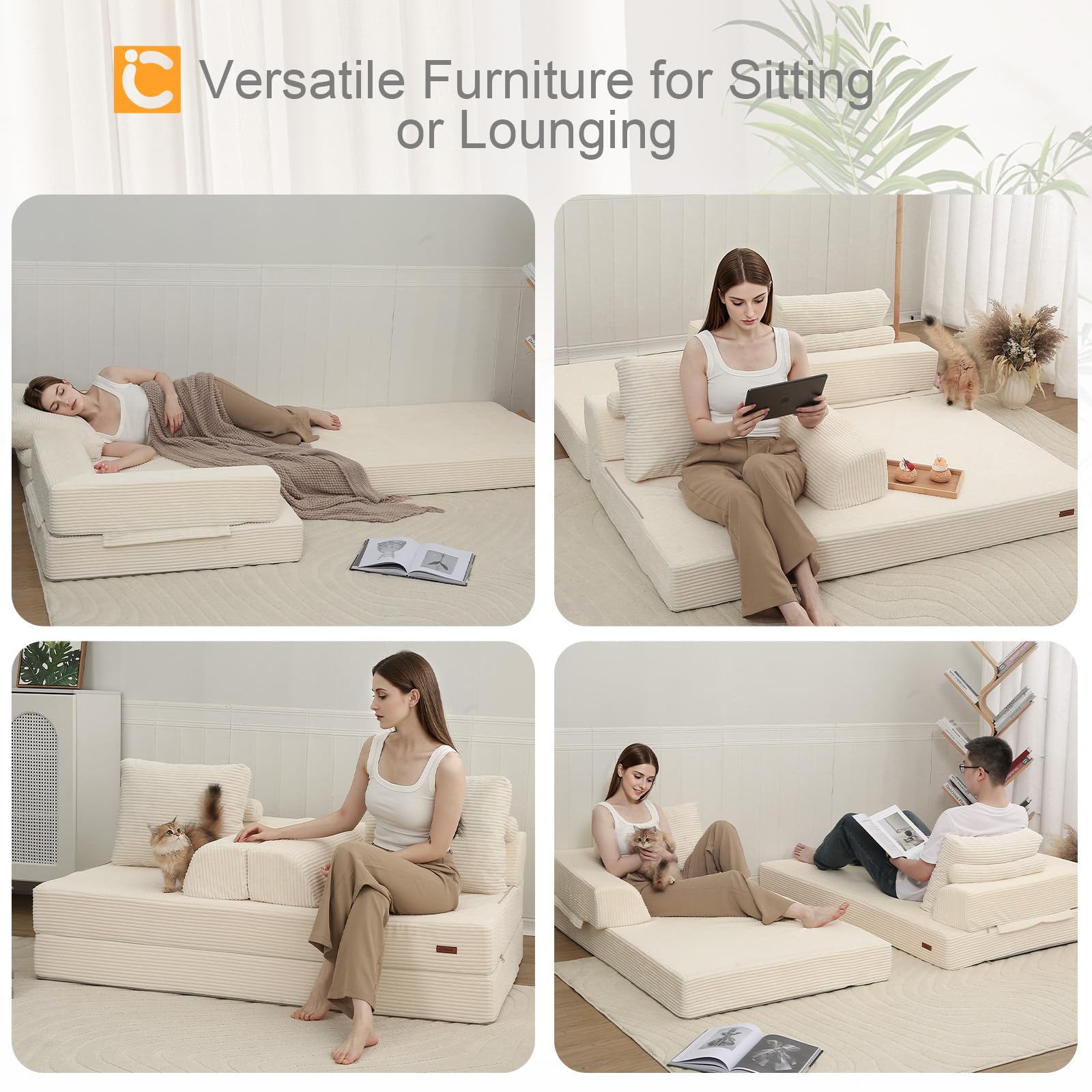 MeMoreCool Sofá-cama conversível, sofá dobrável de veludo con almofadas, sofá sem ossos, confortável sofá de dois lugares para sala de estar e quarto, cor bege