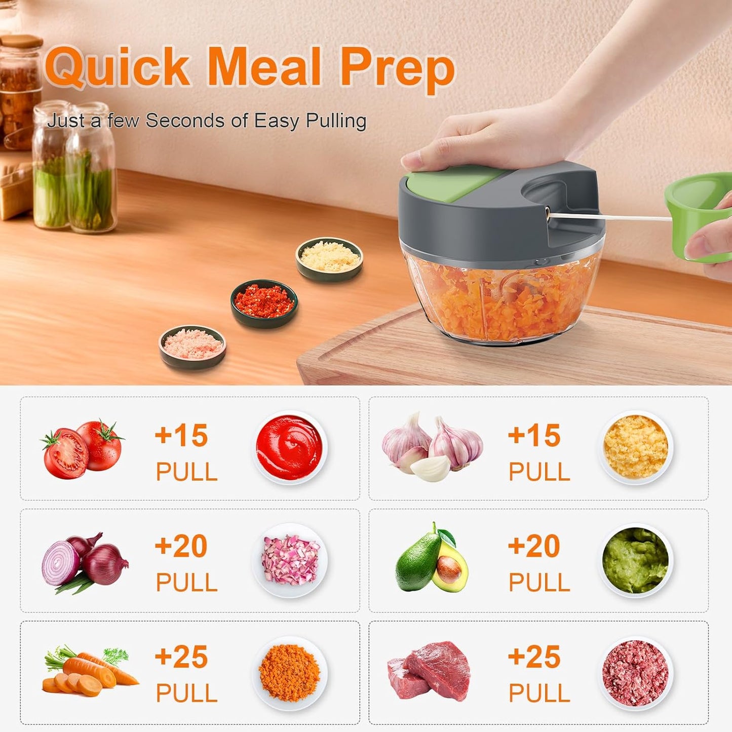 Picadora Manual de Alimentos Multifuncional – Cortador para Cebolla, Ajo y Verduras con Sistema de Tirador