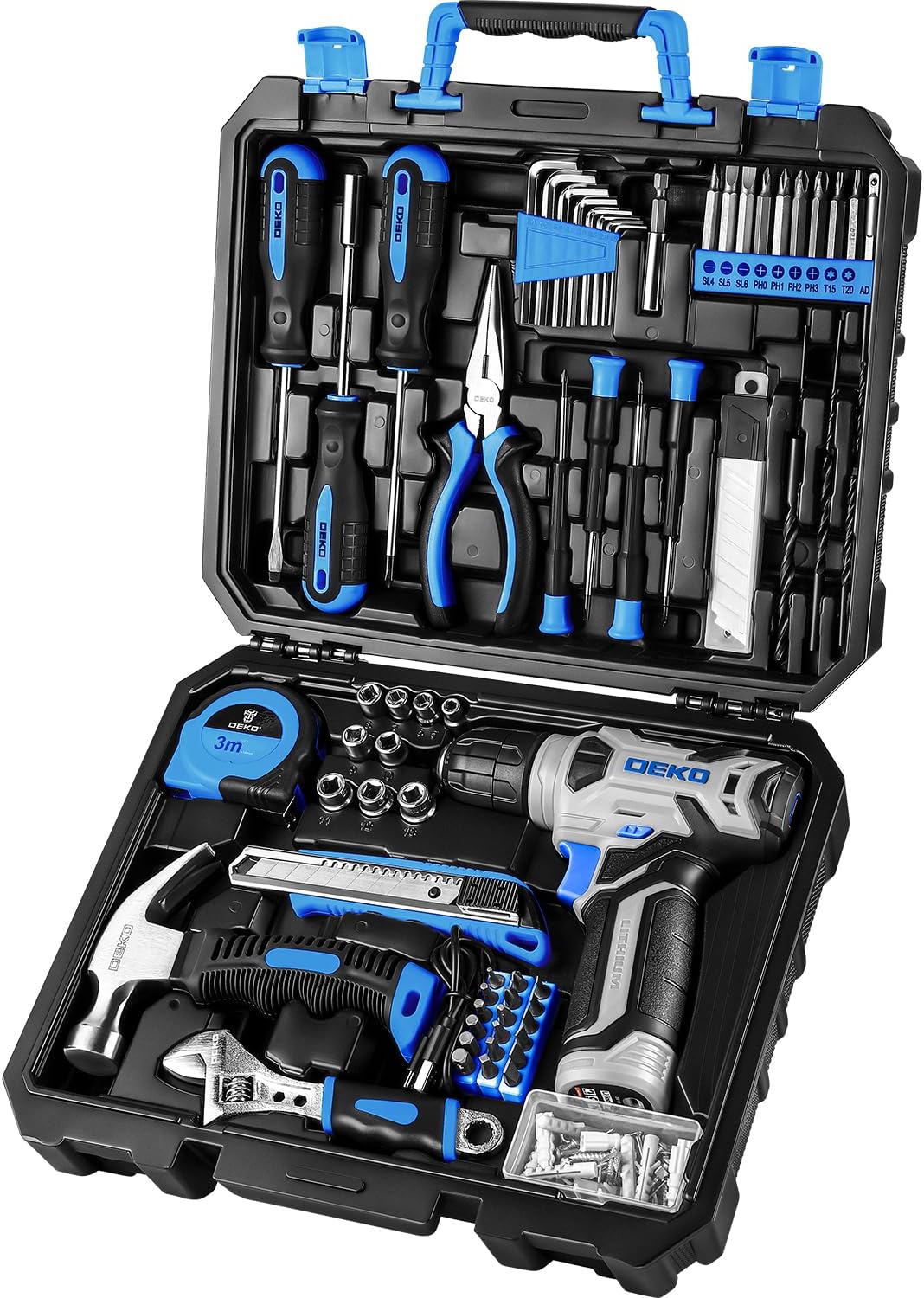 DEKO Juego Completo de Herramientas con Destornillador Eléctrico/Taladro de 8V, Maletín Profesional de 126 Piezas, Set Premium de Herramientas para Bricolaje en Hogar, Oficina y Jardín, Gris