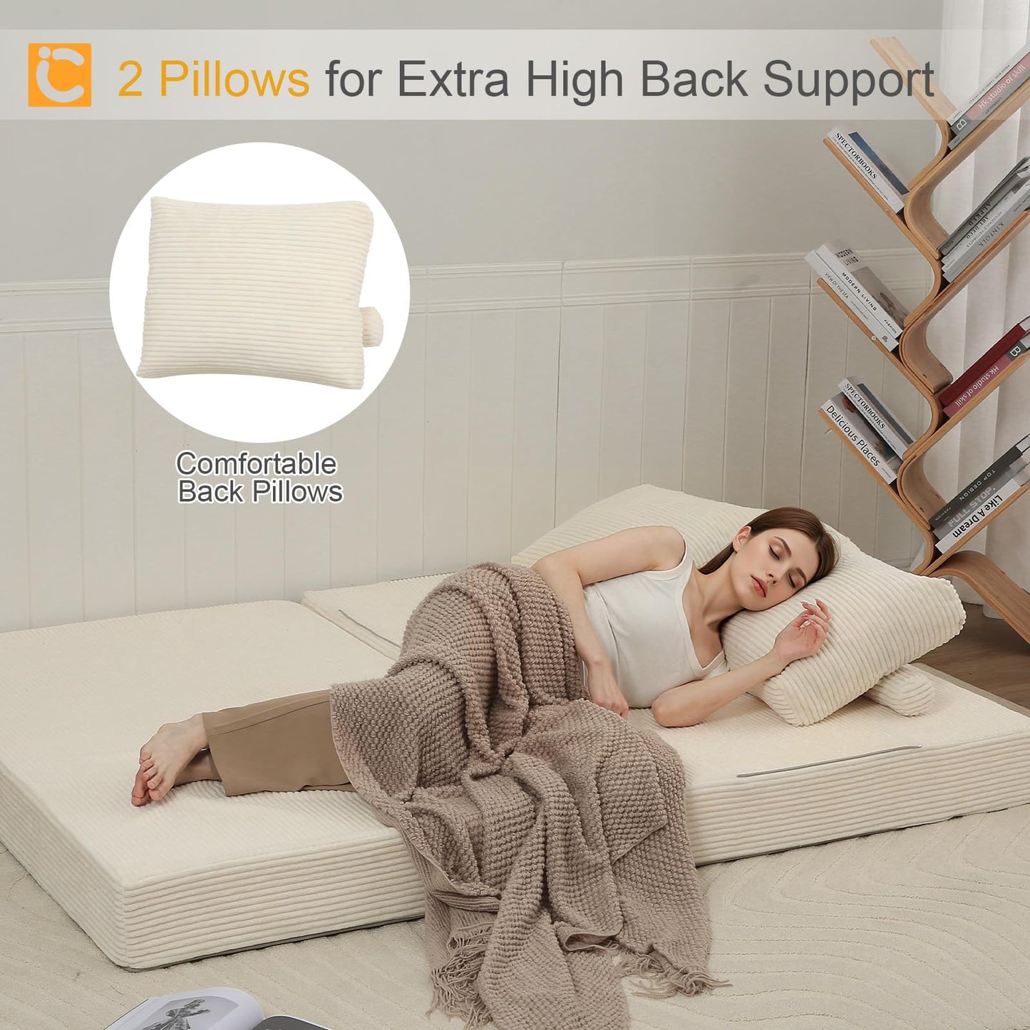 MeMoreCool Sofá-cama conversível, sofá dobrável de veludo con almofadas, sofá sem ossos, confortável sofá de dois lugares para sala de estar e quarto, cor bege