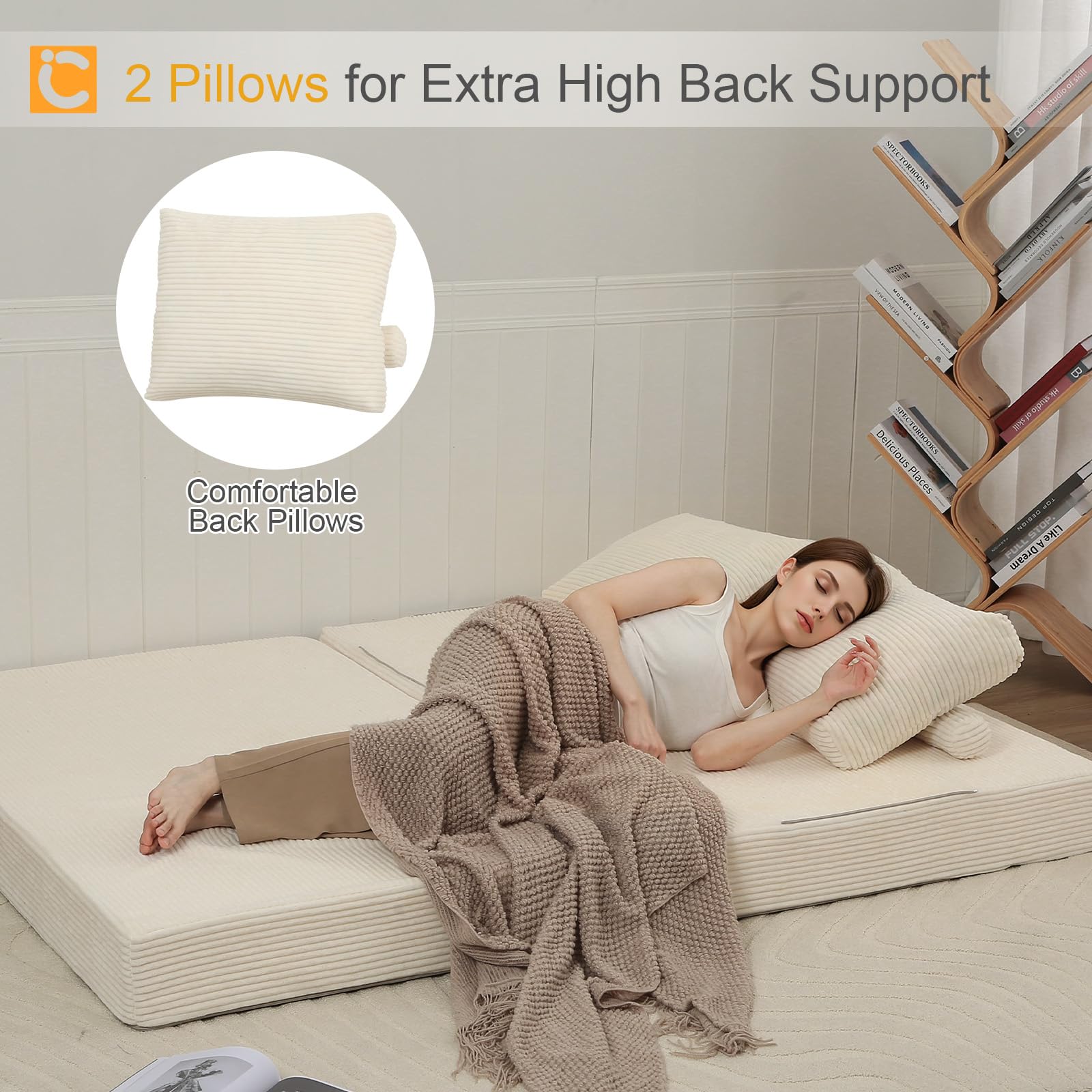 MeMoreCool Sofá-cama conversível, sofá dobrável de veludo con almofadas, sofá sem ossos, confortável sofá de dois lugares para sala de estar e quarto, cor bege