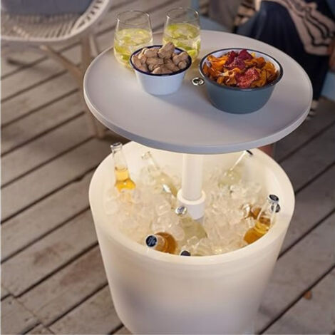 Mesa Nevera Multifuncional 39L con Iluminación LED  Mesa Auxiliar Refrigeradora para Terraza y Jardín