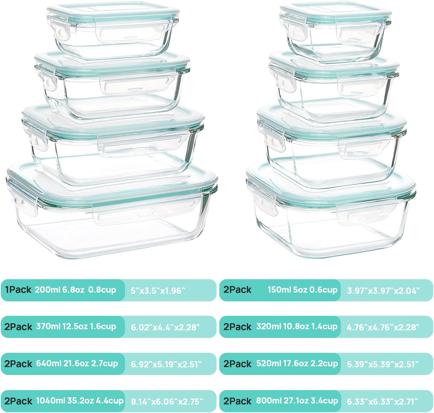 Set de Recipientes de Cristal Herméticos para Alimentos – Envases Reutilizables con Tapas, Aptos para Microondas y Lavavajillas (15 paquetes)