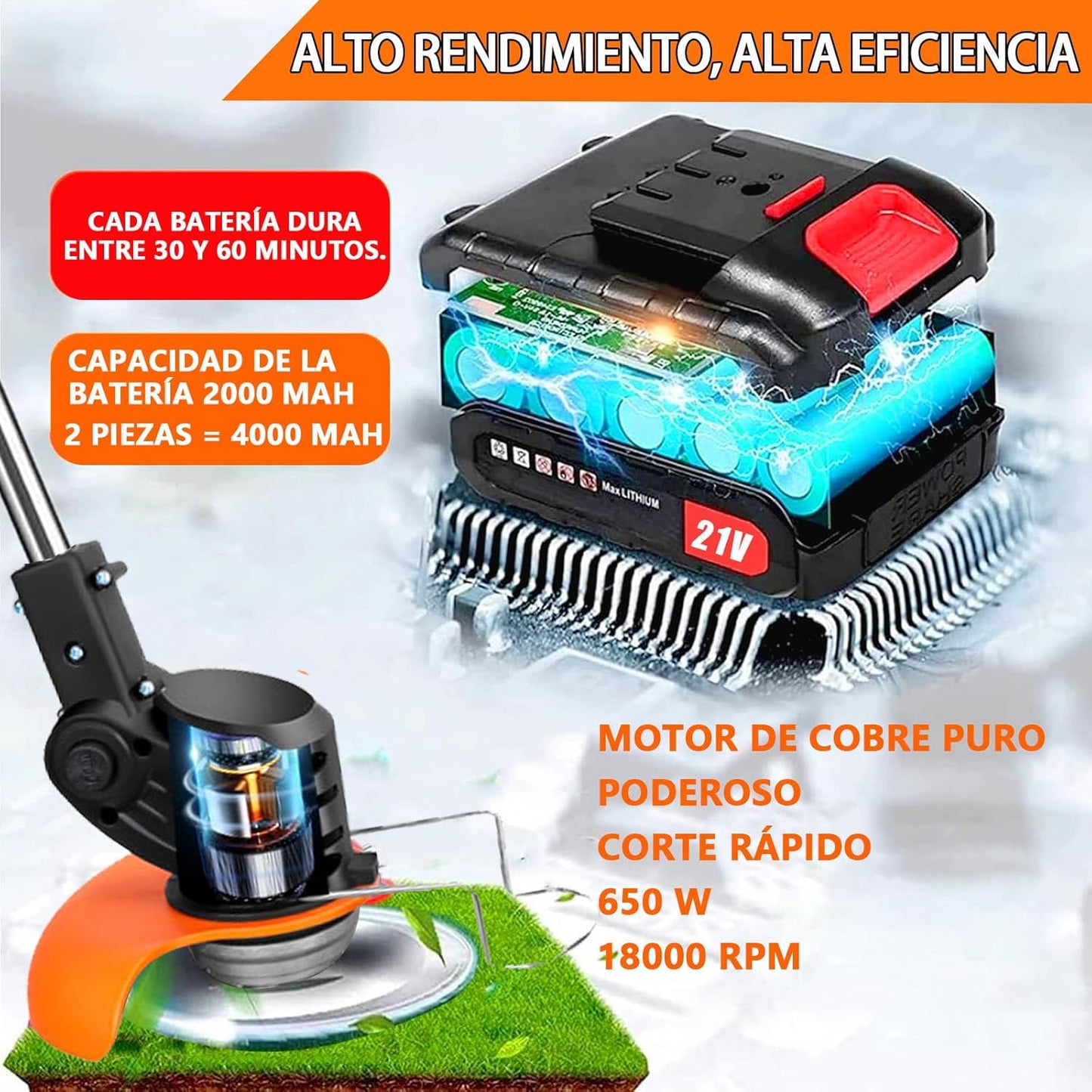Desbrozadora Eléctrica a Batería 21V – Cortabordes 3 en 1 con 2 Baterías y Longitud Ajustable