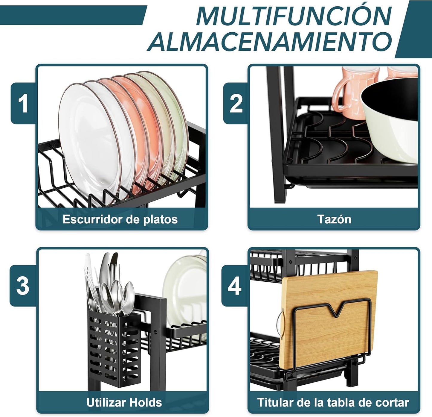 Escurridor de Platos – Organizador Grande con Bandeja de Goteo y Soporte para Cubiertos