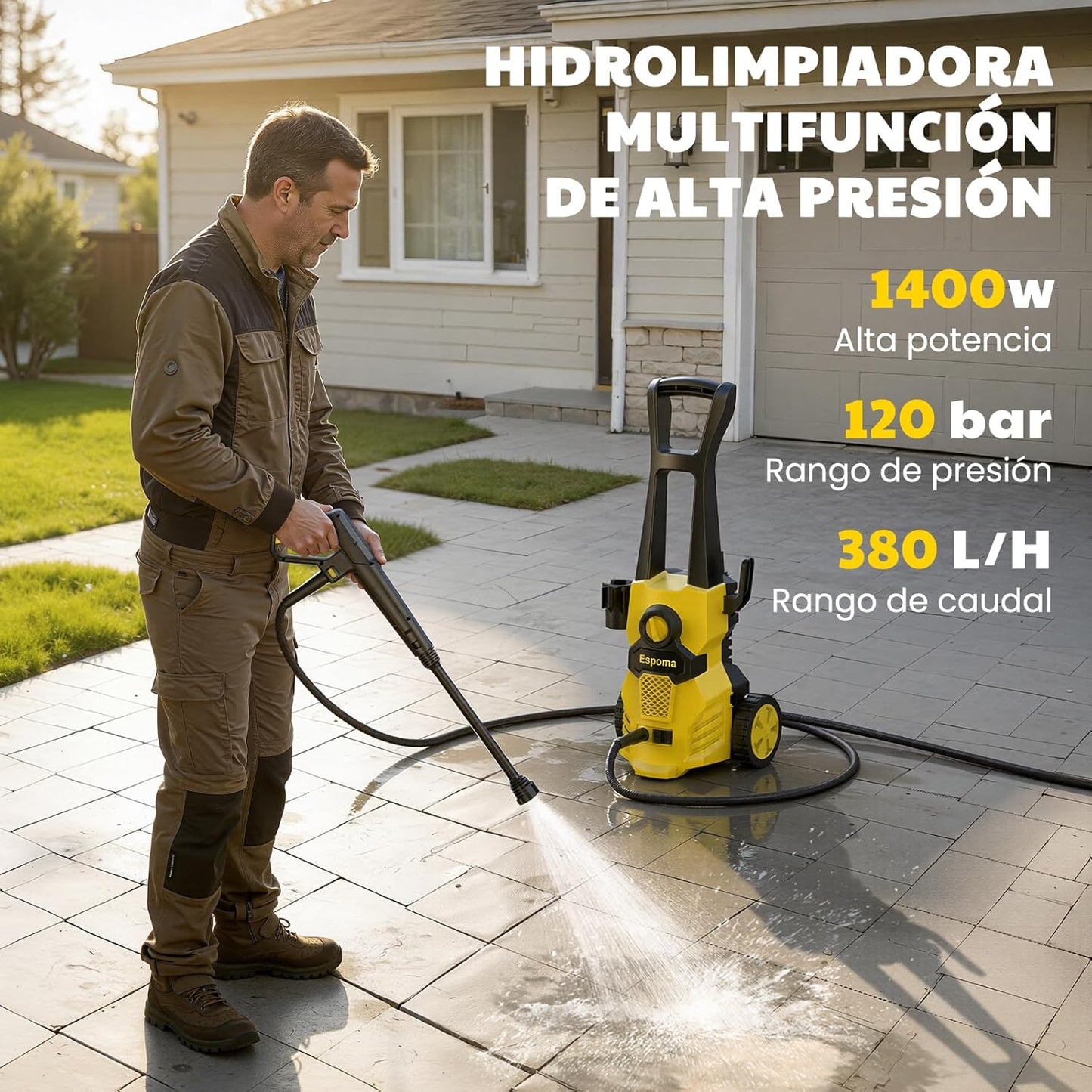 Hidrolimpiadora de Alta Presión 120 Bar – 380 L/h, Manguera 7 m, Bomba de Aluminio y Radio de Acción 12 m