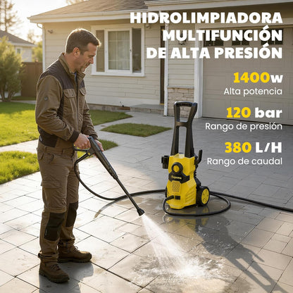 Hidrolimpiadora de Alta Presión 120 Bar – 380 L/h, Manguera 7 m, Bomba de Aluminio y Radio de Acción 12 m
