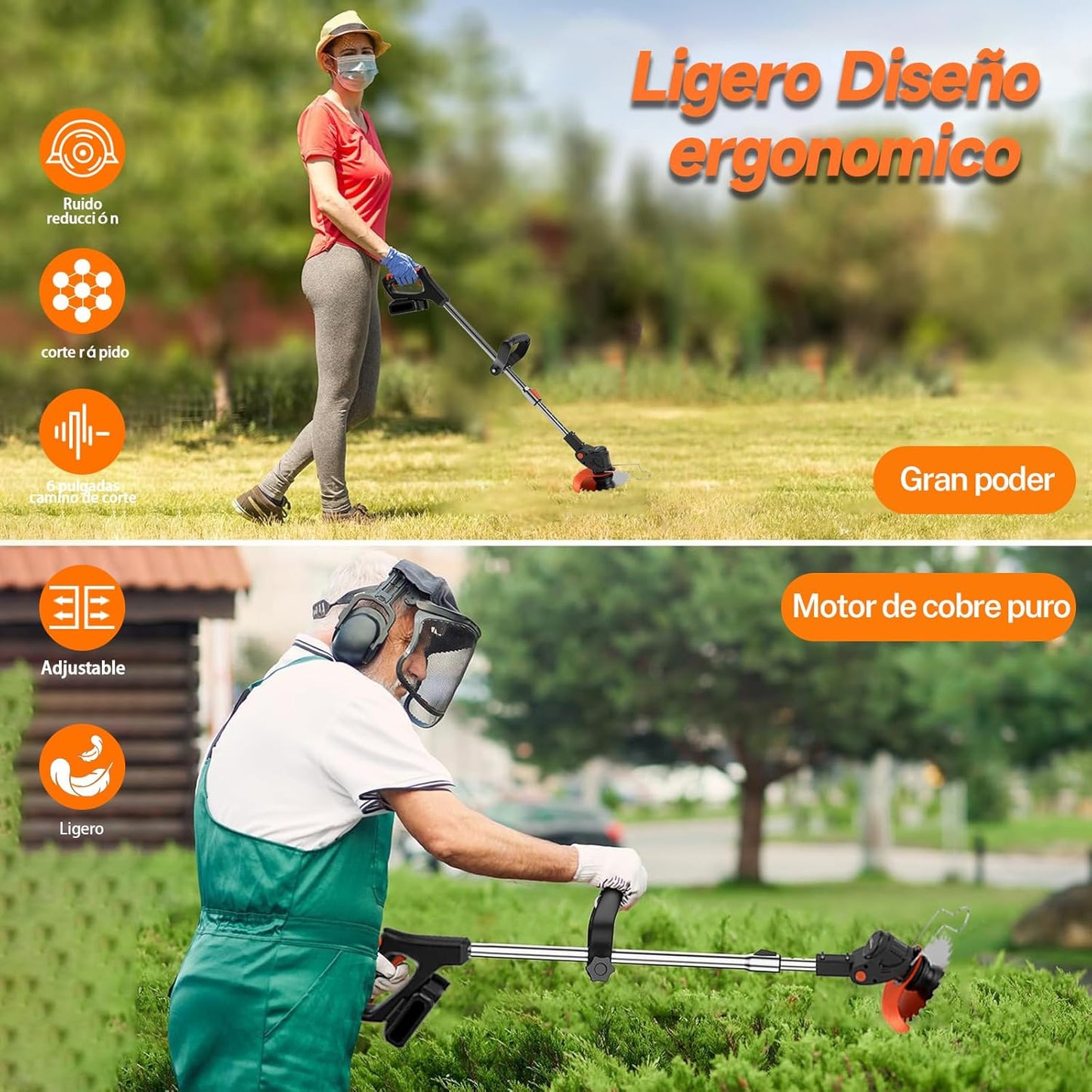 Desbrozadora Eléctrica a Batería 21V – Cortabordes 3 en 1 con 2 Baterías y Longitud Ajustable
