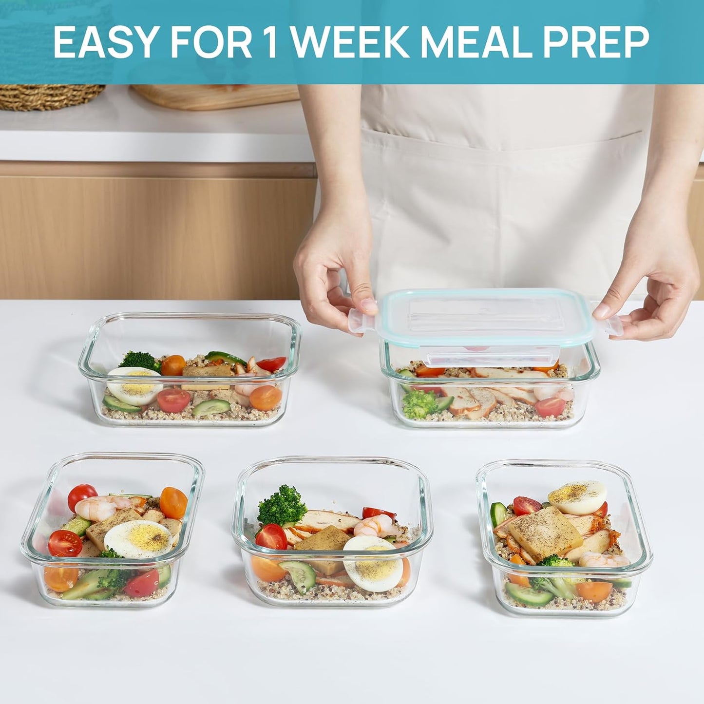 Set de Recipientes de Cristal Herméticos para Alimentos – Envases Reutilizables con Tapas, Aptos para Microondas y Lavavajillas (15 paquetes)