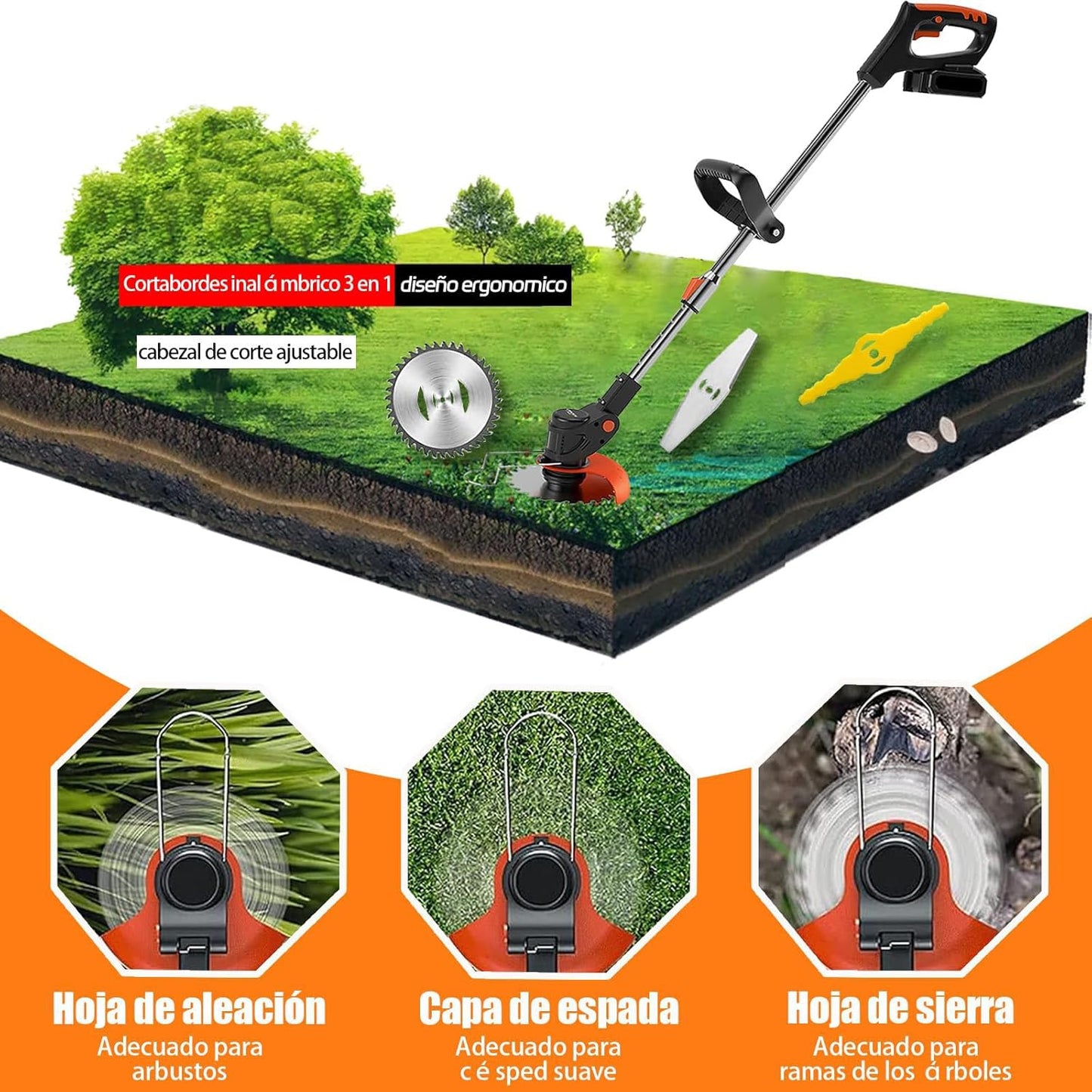 Desbrozadora Eléctrica a Batería 21V – Cortabordes 3 en 1 con 2 Baterías y Longitud Ajustable