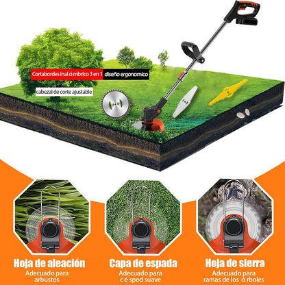 Desbrozadora Eléctrica a Batería 21V – Cortabordes 3 en 1 con 2 Baterías y Longitud Ajustable