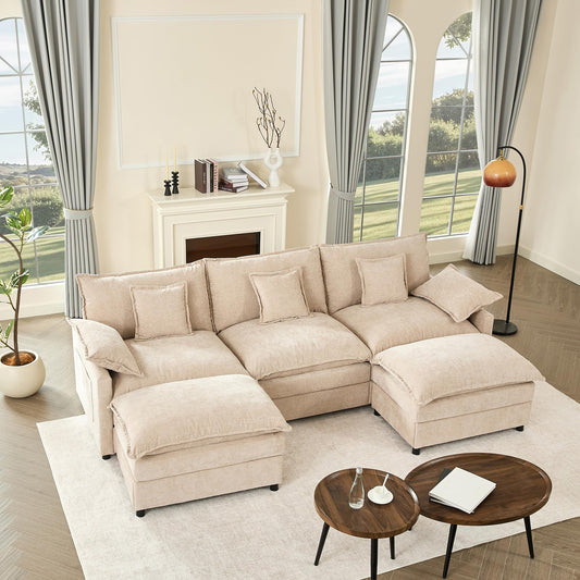 108" U-Shaped Modular Sofá, 3-Seater Sectional Couch, Cloud Couch with Movable Ottoman, Deep Seat Sofás for Living Room (Soft Pink, 108" - U Shape)