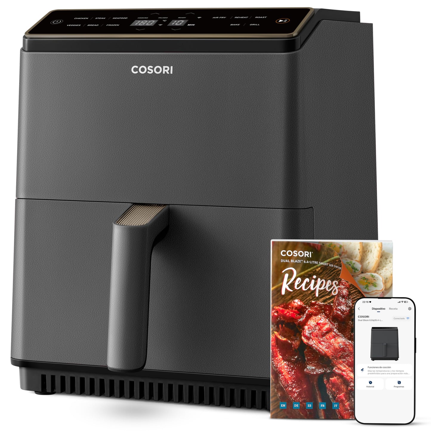 Cosori Freidora de Aire 5,5L Interior Metálico Real, Freidora de Aire Design Antioxidante, Tecnologia de Calentamiento Uniforme, 40 Receitas, Reducción de Grasas para uma Vida Saludable, Eficiencia