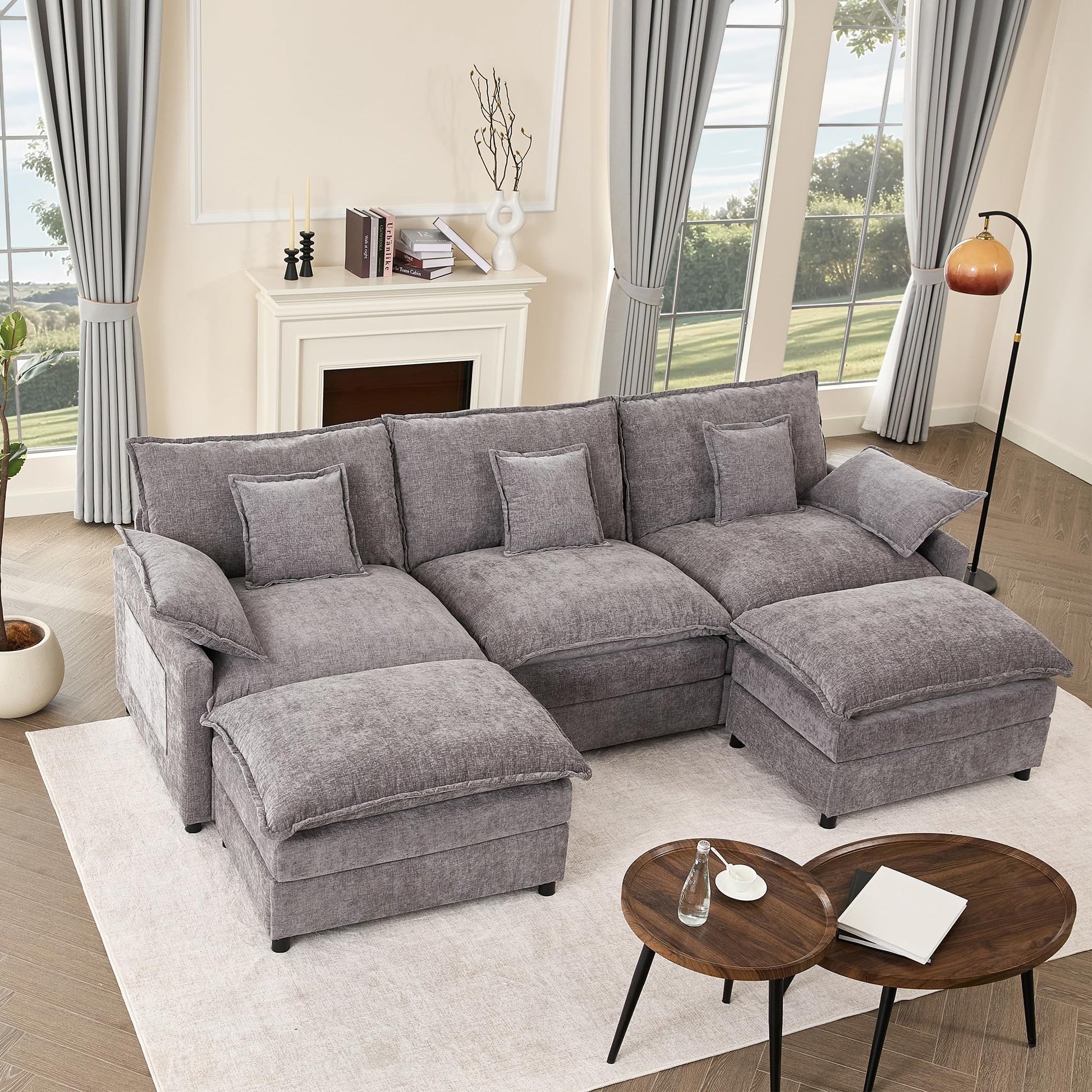 108" U-Shaped Modular Sofá, 3-Seater Sectional Couch, Cloud Couch with Movable Ottoman, Deep Seat Sofás for Living Room (Soft Pink, 108" - U Shape)